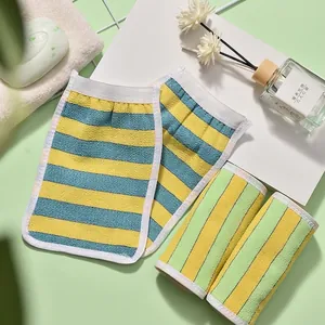 Durable striped exfoliating bath mitts and towels set for deep skin cleansing and massage