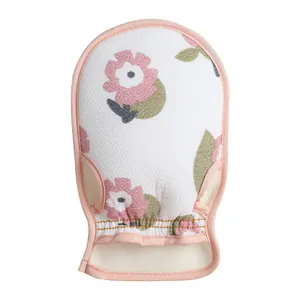 Floral print exfoliating bath mitt with soft texture and elastic wristband