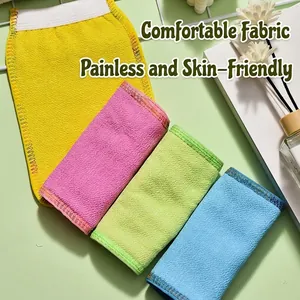 Set of four colorful exfoliating bath mitts for gentle body scrubbing and cleaning
