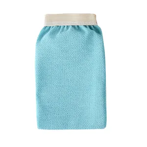Light blue exfoliating bath mitt with elastic wrist for deep skin scrubbing