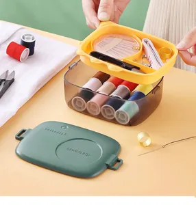 Detailed view of the layered portable sewing box kit with needles and colorful threads