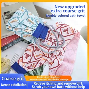 Long exfoliating back scrubber towel with dual-color design for deep cleansing
