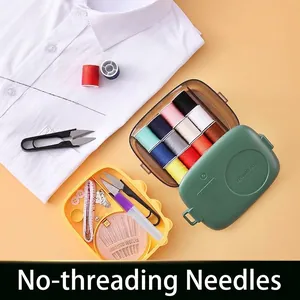 Portable sewing kit including self-threading needles and assorted colorful threads