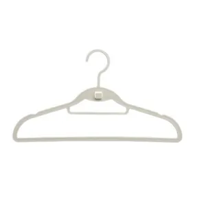 Durable beige plastic clothes hanger with stackable connector for space-saving storage.