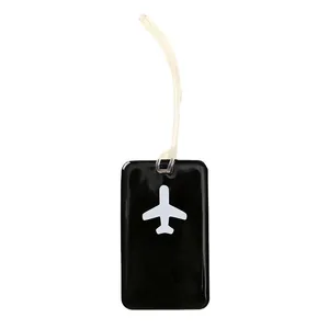 Black square PVC luggage tag with white airplane icon and clear strap