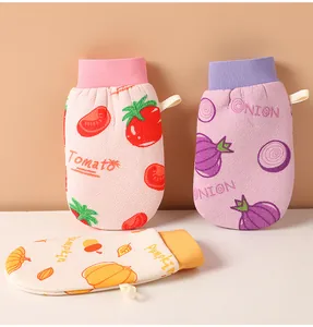 Detail of cartoon printed bath scrub gloves with tomato, onion and pumpkin patterns