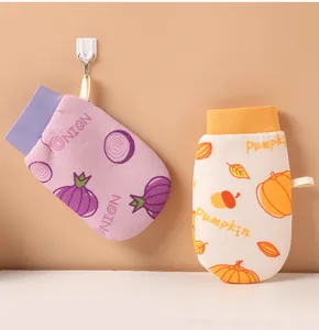 Detail of two double-sided thickened exfoliating bath gloves with onion and pumpkin prints.