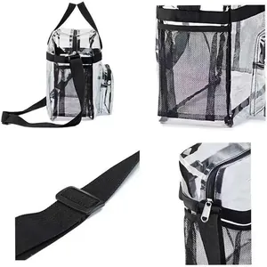 Detailansichten eines großen transparenten PVC-Rucksacks mit schwarzen Netzfächern