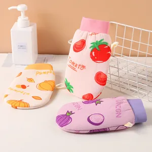 Set of thickened double-sided bath scrubbing gloves with cute vegetable patterns for body wash