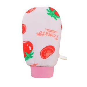 Double-sided pink exfoliating bath scrub glove with vibrant red tomato print pattern
