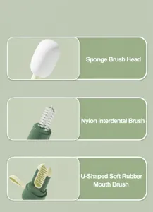 Detail view of 3-in-1 cup brush showing sponge, crevice, and U-shaped silicone heads.