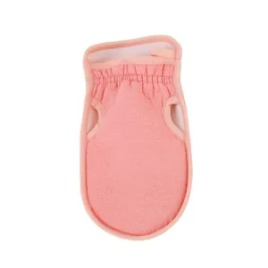 Pink fingerless double-sided exfoliating bath glove with scrub texture