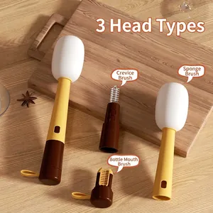 Multifunctional 3-in-1 microphone-style cup brush set with sponge and crevice cleaning heads