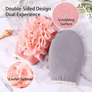 Doppelseitige Peeling-Badehandschuhe mit rosa Netzlilie und grauer Peeling-Oberfläche