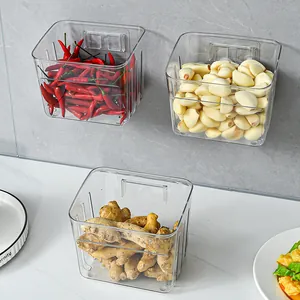 Wall Mounted Kitchen Storage Basket Transparent PET Ginger Garlic Storage Box With Adhesive Hook No Drill Hanging Basket
