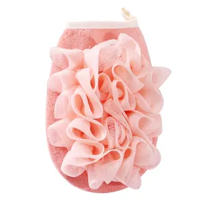 Rosa doppelseitiger Peeling-Badehandschuh mit weichem Netz-Luffa