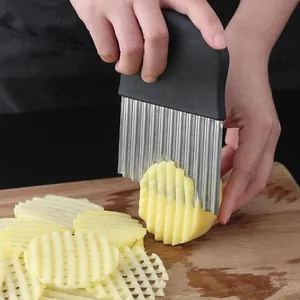 Stainless steel wavy potato cutter for crinkle fries with ergonomic black handle
