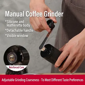 Portable manual coffee bean grinder with adjustable coarseness and silicone body grip