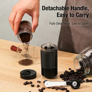 Portable manual coffee bean grinder with detachable handle and adjustable burr mill