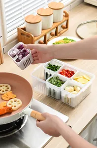 Close-up of a 6-compartment drainable kitchen storage box for prep with fresh ingredients