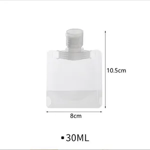 Detail view of portable 30ml travel squeeze pouch showing dimensions 10.5cm by 8cm