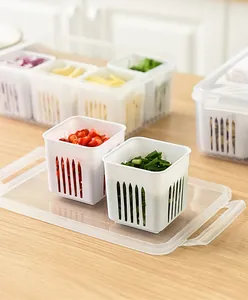 Kitchen organizer boxes with drain baskets for scallions, ginger, and garlic storage