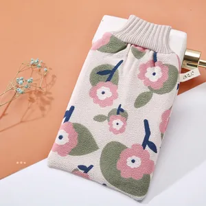 Floral pattern exfoliating bath mitt with elastic wrist cuff for deep skin scrubbing