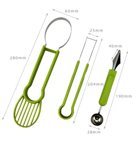 Detailed view showing dimensions for 3-piece fruit carving and melon baller tool set.