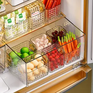 Diamond Texture Refrigerator Side Door Storage Box Transparent PET Food Organizer With Golden Handle For Kitchen Cabinet