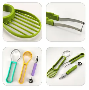 Macro view and full set of 3-in-1 stainless steel fruit baller and carving knife set