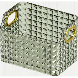 Transparent acrylic storage box with diamond pattern and elegant gold handles for organizing