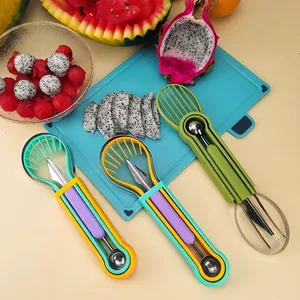 3 In 1 Stainless Steel Fruit Ball Digger Set Double Head Watermelon Scoop Fruit Carving Knife Platter DIY Cutting Tools