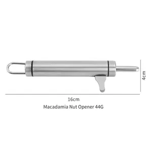 Stainless steel macadamia nutcracker tool detail view with 16cm length and 4cm width