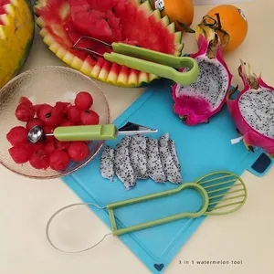 Versatile 3-in-1 stainless steel fruit carving tool and melon baller set for fruit platters
