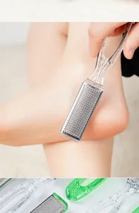 Macro view of stainless steel foot rasp callus remover with glitter handle detail