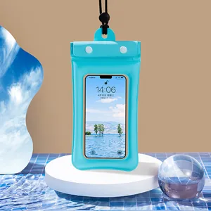 Türkisfarbene schwimmende wasserdichte Handyhülle mit transparentem Touch-Fenster und Band