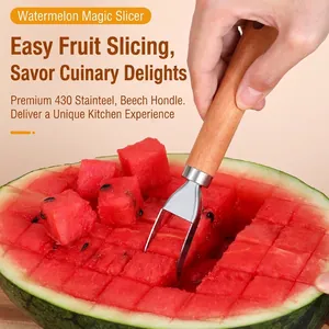 Stainless Steel Watermelon Slicer Baller Carving Knife With Beech Wood Handle Minimalist Kitchen Gadgets For Fruit Platters