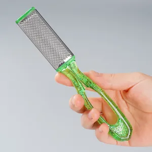 Professional stainless steel foot rasp for dead skin removal with green glitter handle