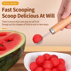 Stainless steel fruit baller scoop with wooden handle for making watermelon and melon balls