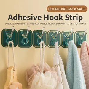 Dark green self-adhesive row hooks for bathroom and kitchen wall storage