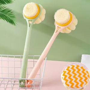 Double Sided Long Handle Bath Brush Soft Bristles Shower Scrubber With Mesh Ball For Deep Back Cleaning Massage Body Accessory