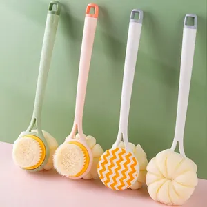 Long-handled bath brush with dual-sided soft bristles and mesh bath loofah ball