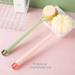 Dual-sided long handle bath brush with soft bristles and loofah ball for back scrubbing