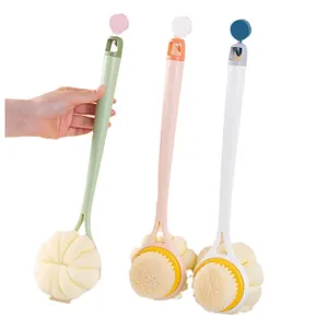 Long handle bath brush with soft bristles and mesh sponge for back scrubbing