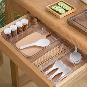 Transparent plastic drawer organizer set for kitchen utensils and cutlery storage