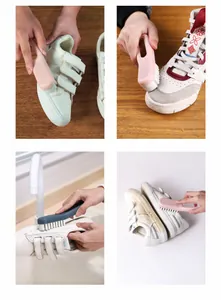 Démonstration en quatre panneaux d'une brosse à chaussures rose nettoyant des baskets