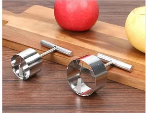 Detail shot of stainless steel fruit corer tools on wooden cutting board with fruit.