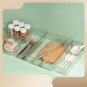 Japanese style clear plastic drawer organizers for organizing kitchen utensils and tools