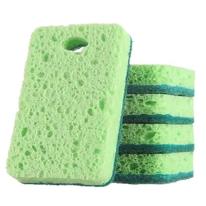 Éponge de cuisine verte en pâte de bois écologique avec trou de suspension vaisselle