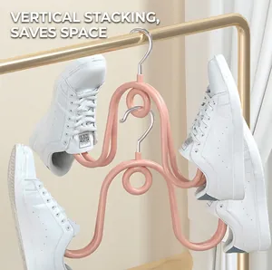 Modern pink double-hook shoe drying rack for hanging sneakers on a balcony rack